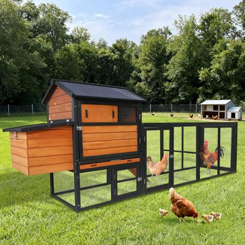 113inch Chicken Coop, Large Wooden Chicken Coop with Nesting Boxes & Run Cage for 3-6 Chickens, Outdoor Hen House Poultry Hutch Rabbit Cage with No-Slip Ramp & Pull-Out Tray for Backyard Farm - color: brown