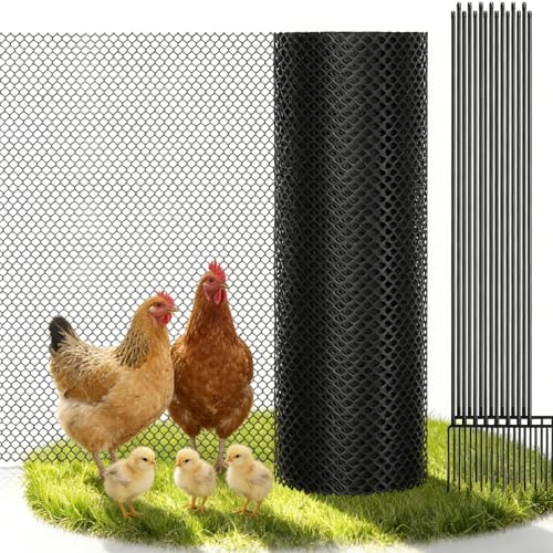 Plastic Chicken Wire Mesh Fence with Metal Stakes, 39.4in x 82ft Quick-Install Chicken Wire Fencing- Plant Protectors from Animals - Weather Resistant Garden Netting - Pet & Poultry Netting