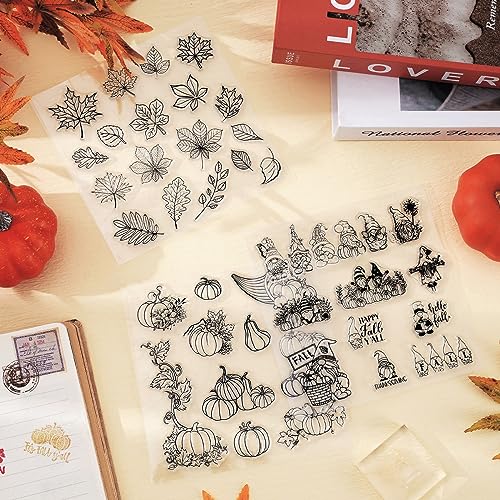 Whaline 5 Sheet Fall Thanksgiving Clear Stamps Autumn Leaves Pumpkin Gnome Silicone Transparent Stamps Happy Fall Border Stamp Cards for DIY Craft Card Making Scrapbooking Embossing Album Decor - style: Fall Thanksgiving