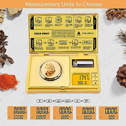 GRAM PRES High Precision Milligram Scale,Digital Mini Pocket Gram Scale | 50g/0.001g Mg Scale For Weighing Powders,Jewelry, Medicine, Gem, Reloading,Gold Scale With Cal Weight, Tweezer And Tray - color: GOLD