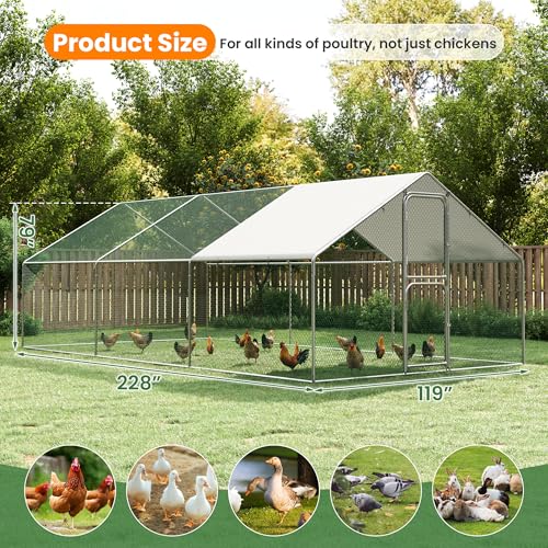 Large Walk in Chicken Run Metal Chicken Coops with Split-Door 10×20 FT | Outdoor Cage Peak Hen House for 20-30 Chickens, With Waterproof Hardware Cloth Cover,Spire Roof Hen House with Security Lock - size: 228.0"L x 119.0"W x 79.0"H