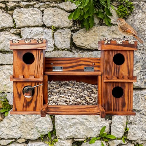MIXUMON Castle-Style 4 Room Wooden Birdhouse with Large Center Feeder, Outdoor Multi-Room Bird House for Garden & Backyard, 1.57" Entrance Hole, Easy-Clean Access Doors, Twin Tower Decorative Design
