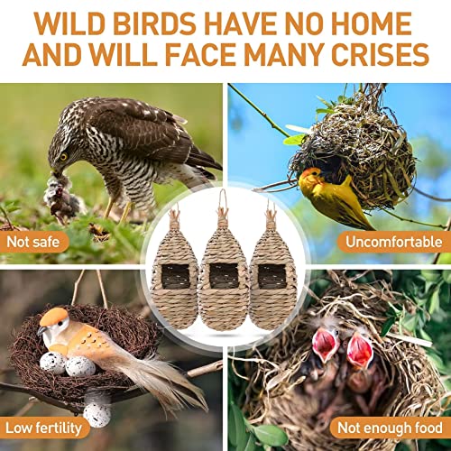 WDEFUN Humming Bird Houses for Outdoor Hanging, Natural Grass Bird Hut,Hand Woven Hummingbird Nest,Wren Finch Bird House for Garden Window Outdoor Home 3 Pack - size: water shape 3 pcs