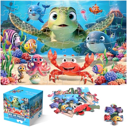 Jumbo Floor Puzzle for Kids, 48 Piece Animal Sea Turtle Puzzle Ages 3-8 | Extra-Thick Easy-Grip Pieces Form a 35.4 x 23.6-Inch Underwater Scene,Preschool Learning Educational Gift for Boys and Girls