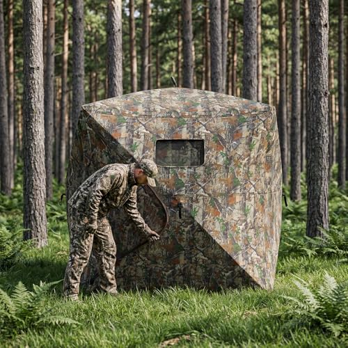 OUTLANE Hunting Blinds for Deer Turkey and Duck Hunting, Portable Hunting Tent with See Through Panels, Pop Up Ground Blind with Silent Windows, Camo Concealment, Weather Resistant Hunting Shelter - size: 70.08''x70.08''x77.16''