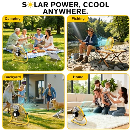 14" Solar Powered Fan with 20W Detachable Solar Panel, Yellow | Built-in Rechargeable Battery, Portable, 12 Speed, 360° Tilt for Outside, Camping, Greenhouse, Chicken Coop, Patio, gazebo - color: 14" Yellow