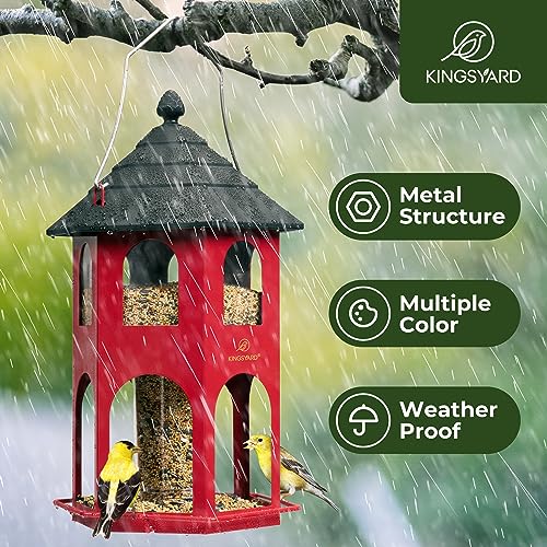 Kingsyard Metal Bird Feeder for Outdoor Hanging, Wild Bird Feeders with Circular Perch, Easy to Clean & Refill, 4 lbs Large Seed Capacity, Red - color: Red
