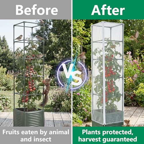 2 Pcs Garden Bird Netting Plant Cover for Square Tomato Cage, 78.7" x 21.6" Insect Bird Barrier Tomato Cage Net with Zipper & Drawstring, Tomato Trellis Netting Protection Cover for Protecting Plants - color: 2 Pcs, size: 78.7 x 21.6 inch