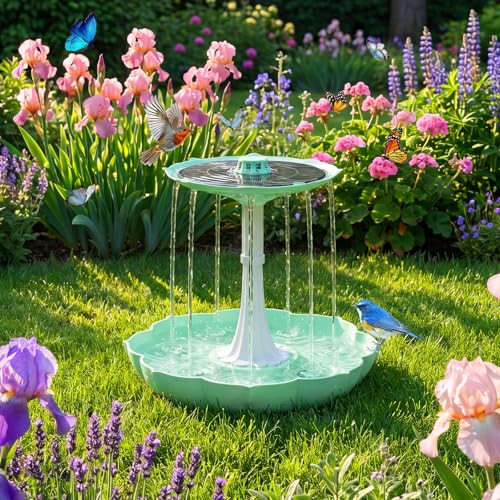Solar Power Bird Bath Fountains Pump, Blue 2-Tier Cascade Water Feature for Outdoor Garden, Outside Pedestal Birdbath Kit for Yard Decoration & Wild Birds Feeding