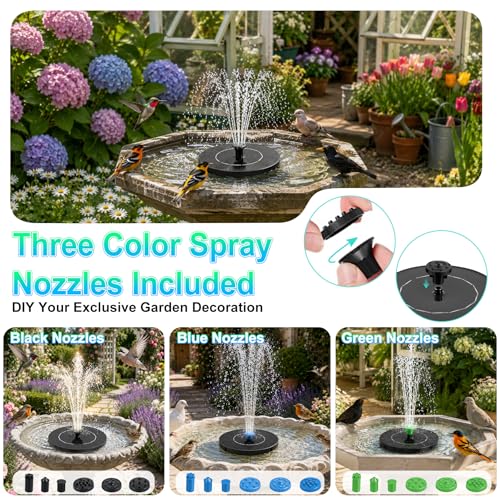 3.5W Solar Fountain Pump, Solar Bird Bath Fountain with 6 Green & 6 Black & 6 Blue Nozzles, Solar Water Pump for Outdoor Garden Patio Small Pond Fish Tank Landscape Decoration - color: 6 Black + 6 Blue + 6 Green Nozzles