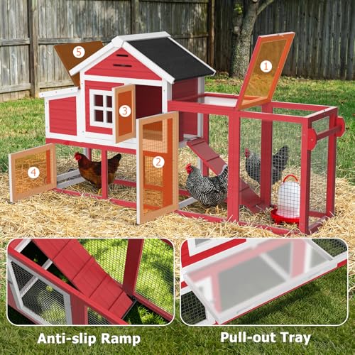 Chicken Coop with Run, Mobile Chicken Coop with Wheels for 4-6 Chickens, Large Outdoor Hen House with Nesting Box, Weatherproof Asphalt Roof, Pull-Out Tray for Small Animals in the Backyard - color: Red