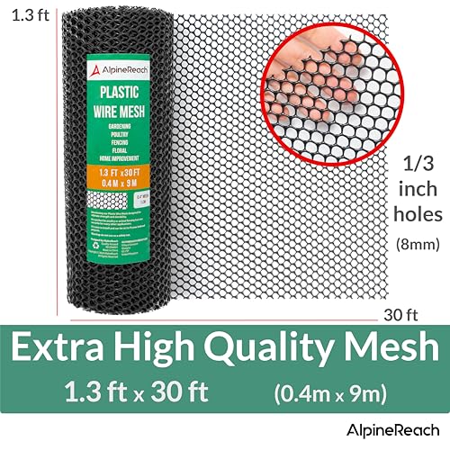 AlpineReach Plastic Chicken Wire Fencing Mesh 1.3ft x 30ft Roll with Zip Ties - Ideal for Poultry, Dogs, Rabbit Barrier & Gardening, Durable UV Resistant, Versatile Rigid Fence, Black (15.7" x 360") - size: 1.3ft x 30ft