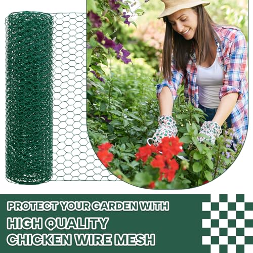 15.7” x 157” Chicken Wire for Floral Arrangements, 0.6” Hexagonal PVC Coated Galvanized Chicken Wire Mesh, Green Lightweight Fencing Wire for Garden