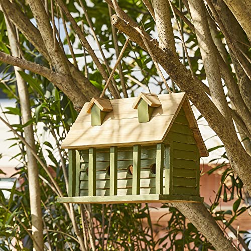 Glitzhome 14.25" L Wood Hanging Birdhouse for Outdoors Oversized Distressed Cottage Bird House Rustic Painted Bird House for Bluebird Wren Chickadee Sparrow Bird Nest Box for Garden Patio, Green - color: 14.25"L Green 4-Room Villa