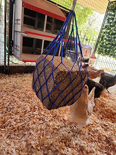 Blue Chicken Coop Flock Block Bird Seed Hanging Bag Veggie Treat Holder - Poultry Feeder Toy Accessories Cabbage Bowl Sack - Holds 25 lb Pound Bird Seed Blocks, Poultry Run Wildlife Feeder