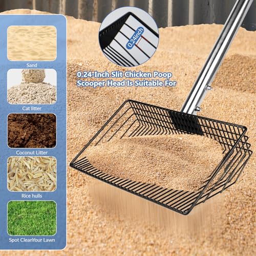 10inch Large Metal Chicken Poop Scooper, Chicken Poop Scooper for Sand with Adjustable Stainless Steel Handle, Chicken Coop Scooper for Sand Suitable for Chicken Coops, Rabbit Coops, Stables, Gardens - size: 2.3"L x 10.0"W x 64.0"H