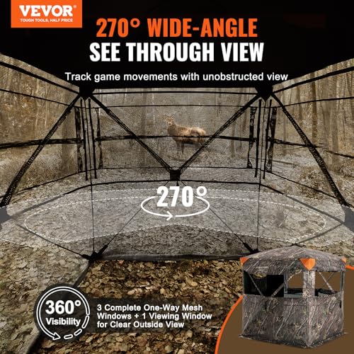 VEVOR Hunting Blind，See Through Ground Blinds with Carrying Bag, 360 Degree Portable Camouflage Tent，Durable Concealed Shelter with Silent Side Door and Window, for Turkey and Deer - size: 2-3 Person（270°See Through ）