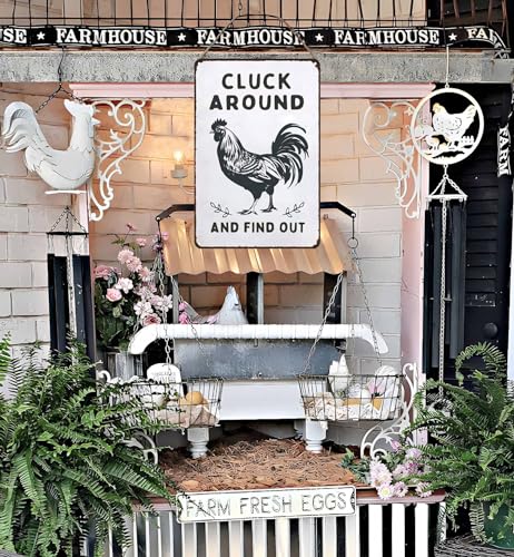 Smilelife Funny Chicken Gifts Chicken Cluck Around and Find Out Tin Sign for Home Farm Chicken Coop Farmhouse Kitchen Garden Decor 8 X 12 Inch (3020) - color: White