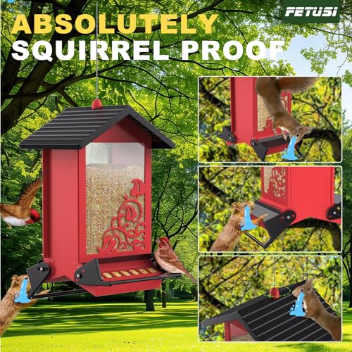 Squirrel Proof Bird Feeder for Outdoor Hanging,Metal Bird Seed Feeder with Bilateral Weight Activated Perches,5LB Large Capacity Wild Bird Feeders for Outside,Easy Refill and Clean,Red - color: Red