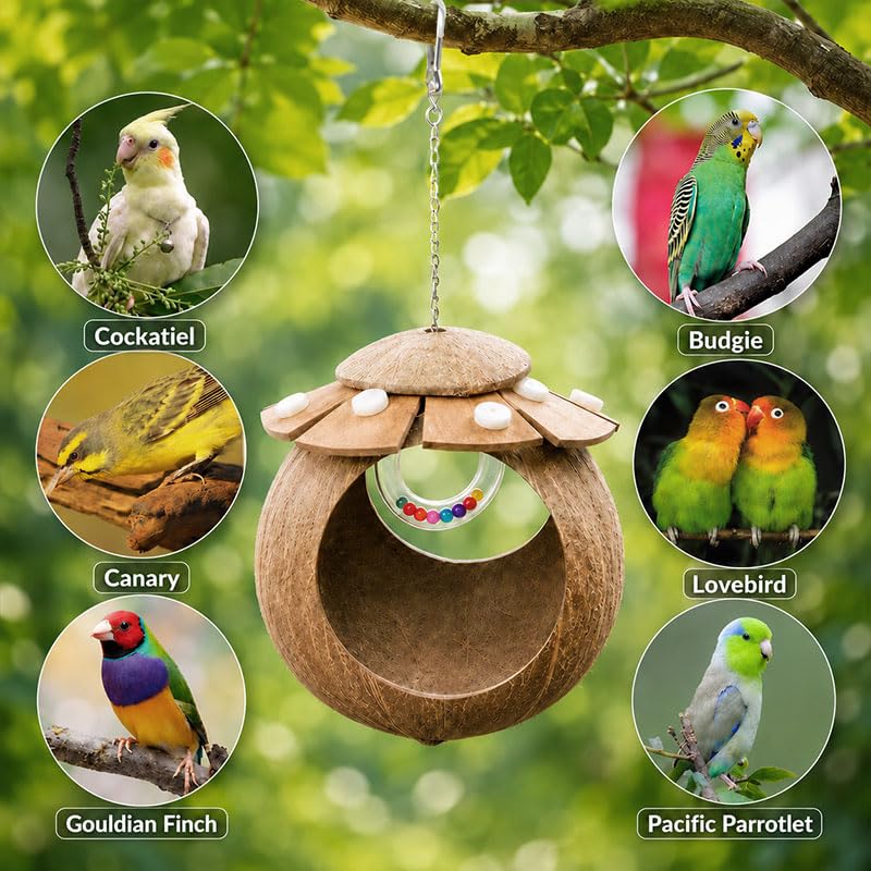 Handcrafted Coconut Bird Nest and Breathable Cage Hide Hut, Multi-Purpose Bird Cage Accessories, Suitable for Parakeets, Budgies, Lovebirds, Parrots, Hamsters and Small Pets