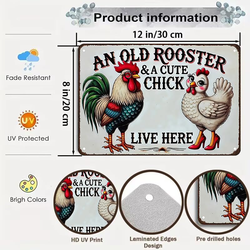 Smilelife Funny Gifts for Women Chicken Lovers Farm Enthusiasts An Old Rooster And A Cute Chick Live Here Chicken Tin Sign for Chicken Coop Farm Kitchen Garden Yard Decor 8 X 12 Inch (3821) - color: Light Blue