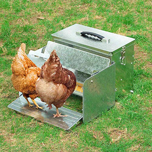 Yescom 26lbs Automatic Treadle Chicken Feeder Portable with Lock Rat Proof | Weatherproof Galvanized Steel Trough Poultry Farm Tank 12L for 6-12 Chicken 10 Days