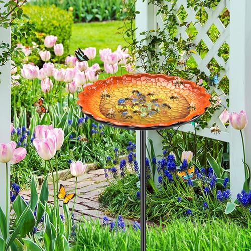 Bee Butterflies Watering Station, Standing Bee Feeder with Glass Marbles for Outside, Bee Bath Feeder with Metal Stakes Butterfly Puddler Garden Yard Déco (Yellow) - color: Yellow
