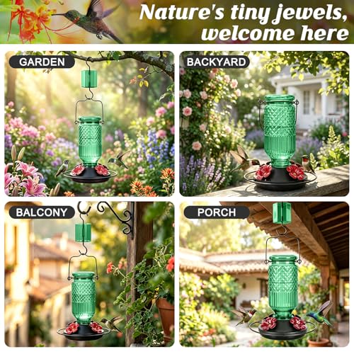 Glass Hummingbird Feeder, 16oz Outdoor Hanging Bird Feeder with Ant Moat, 4 Bee-Proof Feeding Ports, 360° Perch, Leak-Proof, Green - color: Green