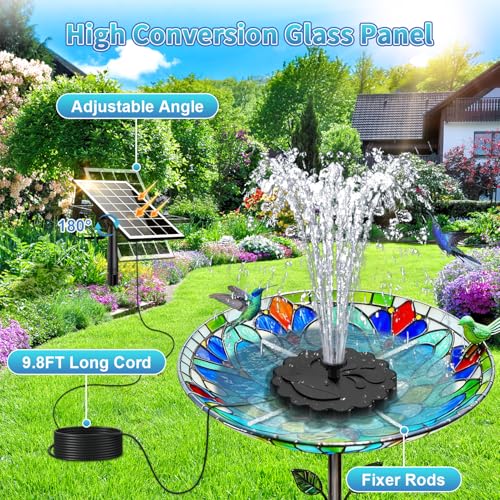 SZMP 3.5W Solar Fountain Pump, All-Glass Panel Solar Water Pump Kit with Stake & 4 Anti-Drift Rods, 9.8FT Cable 8 Nozzles for Bird Bath, Garden, Backyard, Fish Tank