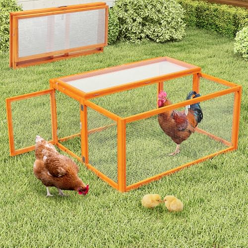 Nyeekoy Portable Chicken Coop with UV-Proof Panel, 4X Garden Stakes, Wooden Rabbit Hutch, Chicken Brooder Box Indoor, Outdoor Folding Chicken Cage, Top & Side Openable Doors, 43.3Inch (Orange) - color: Orange-UV Proof Panel