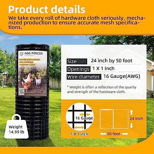 24in x 50ft Black Hardware Cloth 1 inch 16Ga PVC Coated Mesh | Vinyl Coated Fence, Welded Metal Chicken Wire Fencing Roll, Garden Plant Fencing, for Chicken Coop and Home Improvement - size: 1 inch 24in x 50ft