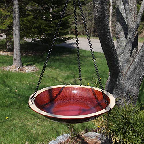 BYER OF MAINE Radial Hanging Bird Bath, Porcelain, Glaze Finish, Adjustable Chain, Autumn Red, 14"x14"x34" - color: Autumn Red