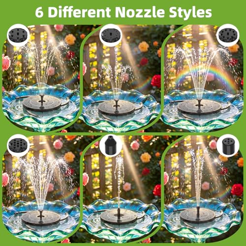 AISITIN Solar Fountain for Bird Bath, DIY Separated Design & Ground Stakes | 6 Nozzles, 3 Anti-Drift Fixing Bracket, Prevents Clogging, Attract Birds, Solar Bird Bath Fountain for Garden Fish Tank Pond