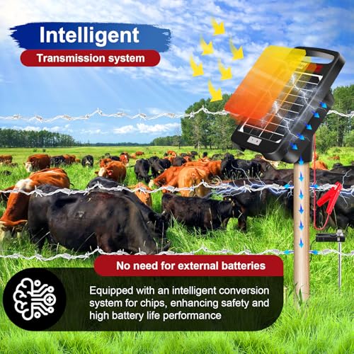 5 Miles Solar Powered Electric Fence Charger, 0.11J Portable for Livestock | 24/7 Day/Night Mode, Portable Solar Panel/AC Dual Power, 10200V Output,Weatherproof, Easy Setup, Deters predators for Gardens - size: 5M 0.11J