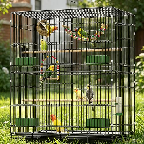30-inch Folding Parrot Medium Bird Cage, Hanging Bird Cage for Parakeets Finches Canaries Lovebirds Cockatiels Budgies Small Quaker Conures Travel Pet Flight Birdcage with Swing and Perch