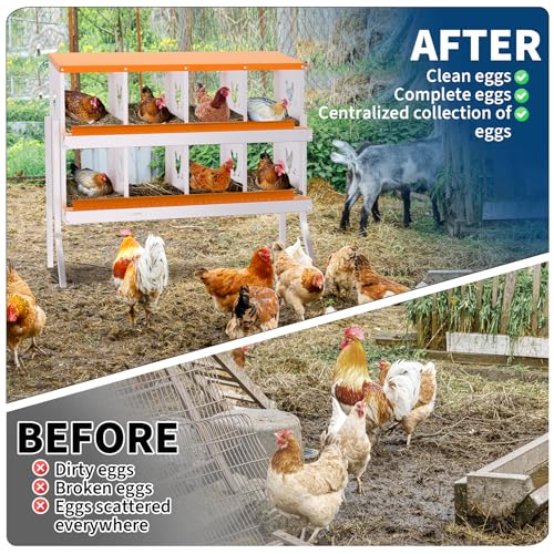 Chicken Nesting Box, 8 Compartment Galvanized Steel Chicken Laying Boxes, Heavy Duty Rustproof Chicken Coop with Easy Egg Collection for Backyard Farms - with Bracket Legs, Orange - color: orange