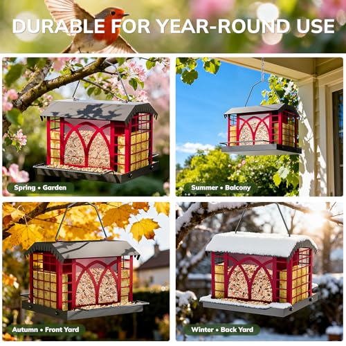 Bird Feeders for Outdoors Hanging, Metal Bird Feeder with Double Suet Cage Weatherproof Metal Roof, 3.5Lbs Large Capacity Great for Attracting Finch Cardinal Chickadee Wild Birds, Berry Red - color: Berry Red