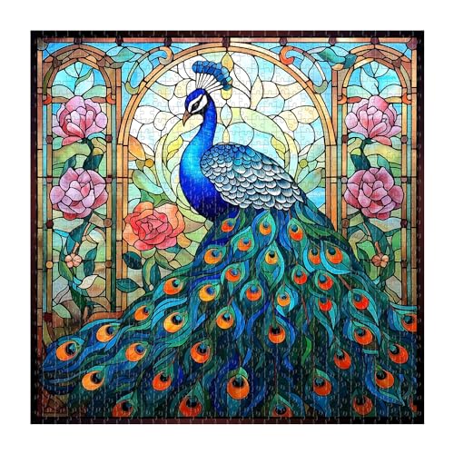 Stained Glass Peacock Puzzles for Adults 1000 Pieces, Vintage Bird Art Puzzle, Impossible Hard Challenging Jigsaw Puzzles for Adults, Colorful Peacock Garden Puzzle as Home Wall Decor - style: Z-398-Stained Glass Peacock