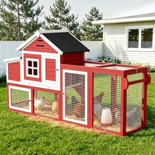 Chicken Coop with Run, Mobile Chicken Coop with Wheels for 4-6 Chickens, Large Outdoor Hen House with Nesting Box, Weatherproof Asphalt Roof, Pull-Out Tray for Small Animals in the Backyard - color: Red
