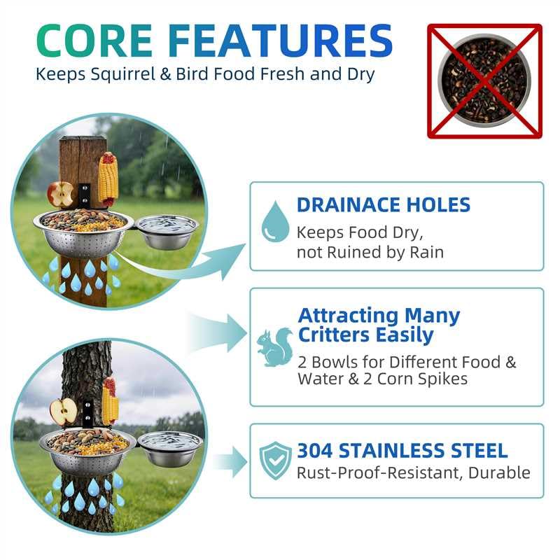 2 Bowls Squirrel Food&Water Feeder, Metal Chew-proof Squirrel Feeders for Outside, Picnic Table with 2 Corn Cob Holders - Removable Smart Drainage 304 Bowl+Bird Water Bowl&Seed Tray-Tree Mounted - color: 2-Bowls Feeder