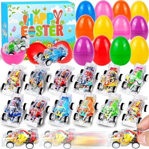 Seifar 48 Pack Prefilled Easter Eggs Pull Back Cars, Small Race Cars Racing Car for Easter Stuffing Egg Hunt Basket Stuffers Filler Surprise Party Favor Classroom Prize - style: F1