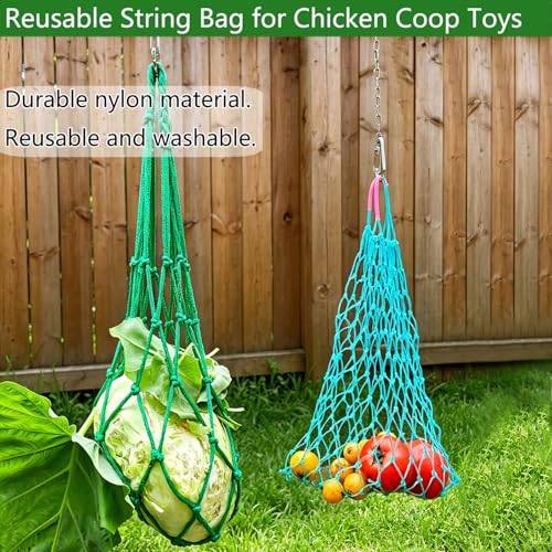 4Pcs Chicken Vegetable Hanging Feeder Bag with Hook and Chain | 2 Large and 2 Small Mesh, S hook and stainless chain, Reusable String Net. Coop Treat Toy for Poultry, Hens, Ducks, Goose