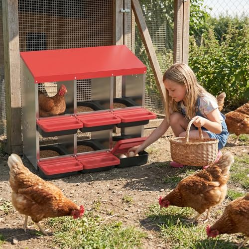 Garvee 6-Hole Chicken Nesting Box with Removable Lid, Metal Chicken Coop with Roll Away Design/Easy Egg Collection/Ventilation Holes, for Chicken Coops, Duck Coops and Hens (RED) - color: RED, size: 6-Hole