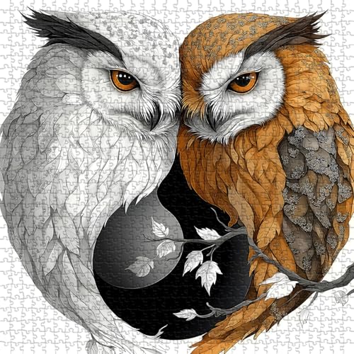 Yin Yang Owl Jigsaw Puzzle 1000 Pieces for Adults,Unique Bird Jigsaw Puzzle Features Dual Owl Balance, Black and White Animal Puzzle,Impossible Owl Home Wall Decor - style: PT-1018-Round Yin Yang Owl Puzzle