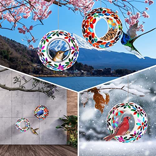 2 Pcs Mosaic Glass Hanging Bird Feeder Round Fly Through Balcony Bird Feeder for Backyard Window Outdoor Garden Deck Porch Decor - style: Elegant,Portable