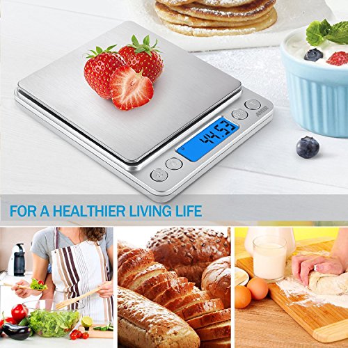 (Upgraded) AMIR Digital Kitchen Scale, 500g Mini Pocket Jewelry Scale, Food Scale, Coffee Scale, Back-Lit LCD Display, 2 Trays, 6 Units, Auto Off, Tare, PCS, Stainless Steel (Batteries Included) - color: Silver