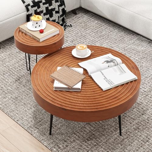 COSTWAY Farmhouse Round Coffee Table Set of 2, Rustic Sofa Side Tea Tables w/Wood Finish, Metal Frame, Adjustable Foot Pads, Nesting End Table Set for Living Room, Bedroom (Ring Pattern, Brown) - color: Brown, style: Ring Pattern