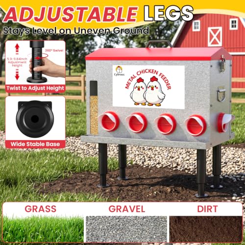 16-Gal Metal Automatic Chicken Feeder with No-Waste Feeding Tray | 88LB Capacity, 8 Feeding Ports, Rust-Proof Alloy Steel, Clear Viewing Window, Height-Adjustable Legs for Chicken Coops - color: Red, size: 16GAL-88LB