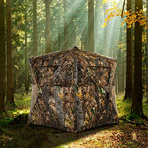 Tangkula 3 Person Pop up Ground Blind, Portable Hunting Blind with Mesh Windows, Carrying Bag & Ground Stakes, Camouflage Hunting Tent with Hub System, Camo Deer Blinds for Hunting - style: Triangular window