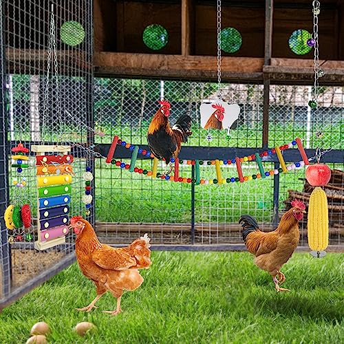 12 Pack Chicken Toys for Hens,Net Mirror Bell Xylophone String Vegetable Fruits Skewer Hanging Ladder Swings Coop Accessories for Hens Bird Parrot